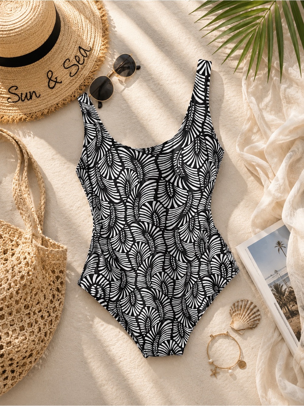 Shore Shapes Scoop-Back Black & White Graphic One-Piece Swimsuit